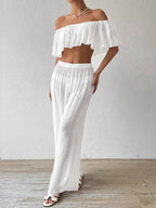 Two Piece Sets White Casual Beach Off-The-Shoulder Shaping Sleeveless Pant Set