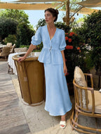Two Piece Sets Yellow Casual Street Wear V-Neck Puff Sleeves 3/4 Length Sleeves Skirt Set