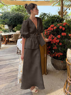 Two Piece Sets Yellow Casual Street Wear V-Neck Puff Sleeves 3/4 Length Sleeves Skirt Set