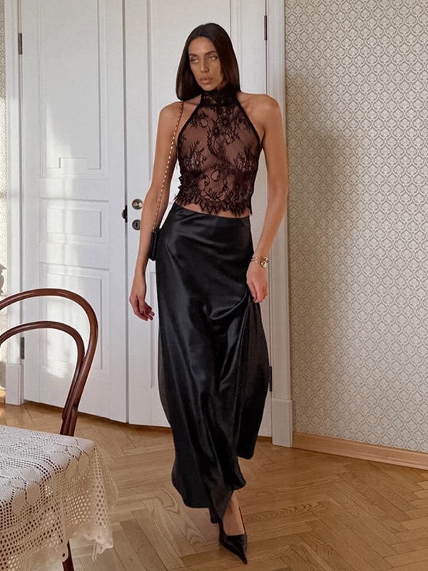 Two Piece Sets Black Daily Casual Lace Chic Sleeveless Skirt Set