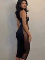 Party Midi Dress Black Sleeveless Sheer Sexy Semi Formal Dress