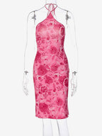 Night Out Dresses Rose Floral Print Sleeveless Halter Summer Dress