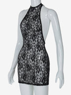 Night Out Dresses Black Floral Print Sleeveless Halter Sheer Summer Dress