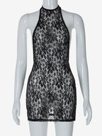 Night Out Dresses Black Floral Print Sleeveless Halter Sheer Summer Dress