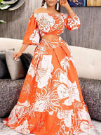Two Piece Sets Green Elegant Beach Jewel Neck Puff Sleeves Half Sleeves Skirt Set