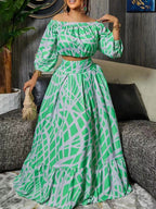 Two Piece Sets Green Elegant Beach Jewel Neck Puff Sleeves Half Sleeves Skirt Set