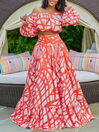 Two Piece Sets Green Elegant Beach Jewel Neck Puff Sleeves Half Sleeves Skirt Set