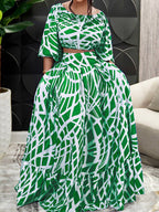 Two Piece Sets Green Elegant Beach Jewel Neck Puff Sleeves Half Sleeves Skirt Set