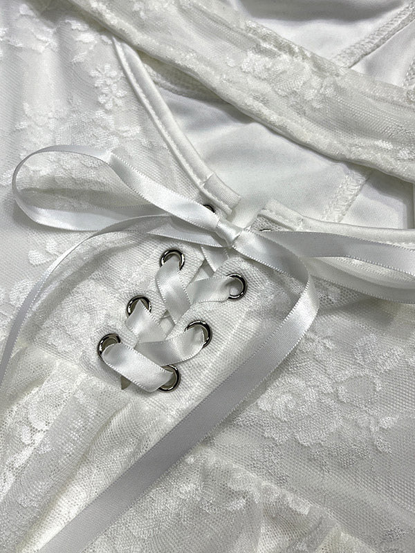 Date Night Dresses Mini Backless Lace Up Lace Sleeveless V-Neck Sexy White Dress