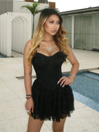 Date Night Dresses Mini Backless Lace Up Lace Sleeveless V-Neck Sexy White Dress