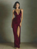 Party Dress Maxi Dark Red Halter Lace Up Sleeveless Backless Chic Semi Formal Dress