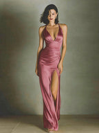 Party Dress Maxi Dark Red Halter Lace Up Sleeveless Backless Chic Semi Formal Dress