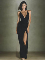 Party Dress Maxi Dark Red Halter Lace Up Sleeveless Backless Chic Semi Formal Dress