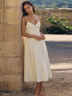 Daily Dresses Maxi Sleeveless Straps Neck Raised Waist Sexy Backless Pleated Apricot Dress