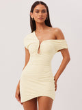 Party Dress Mini Brown One-Shoulder Pleated Backless Sexy Semi Formal Dress