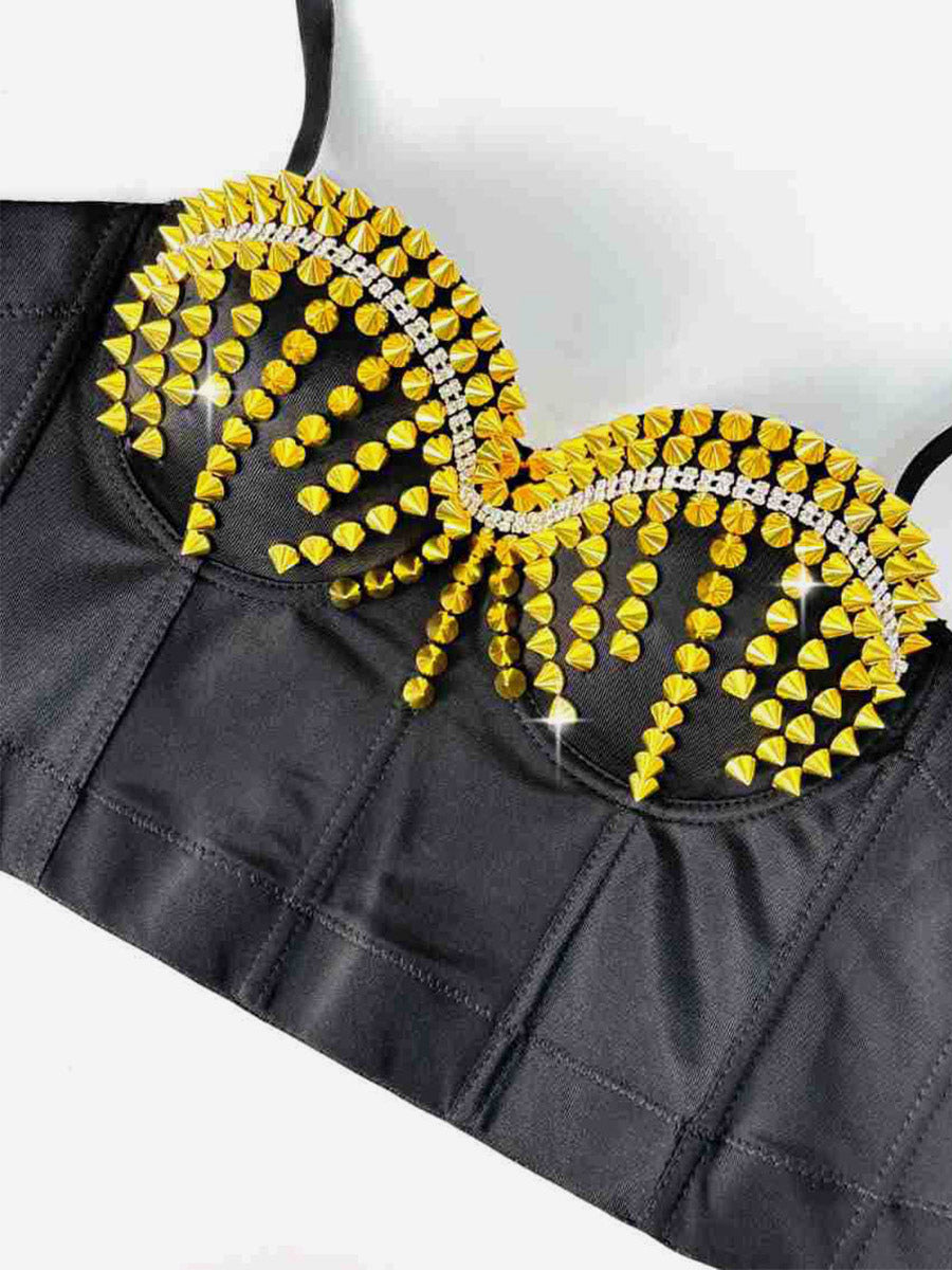 Corset Tops Black Gold Sexy Sleeveless Straps Neck Slim Fit Rivets Tops