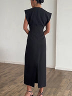 Party Dress Maxi Black Jewel Neck Buttons Sleeveless Elegant Semi Formal Dress