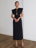 Party Dress Maxi Black Jewel Neck Buttons Sleeveless Elegant Semi Formal Dress