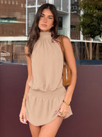 Daily Dresses Mini Khaki Sleeveless Backless High Collar Natural Waist Dress