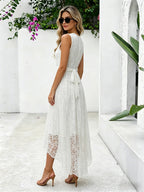 Daily Dresses Maxi Sleeveless Jewel Neck Natural Waist Elegant Lace White Dress