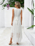 Daily Dresses Maxi Sleeveless Jewel Neck Natural Waist Elegant Lace White Dress