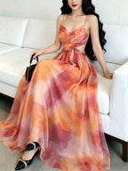 Vacation Dresses Maxi Cross Front Sleeveless Floral Print Straps Neck Chic Orange Dress