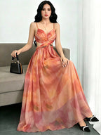 Vacation Dresses Maxi Cross Front Sleeveless Floral Print Straps Neck Chic Orange Dress
