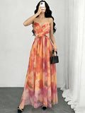 Vacation Dresses Maxi Cross Front Sleeveless Floral Print Straps Neck Chic Orange Dress