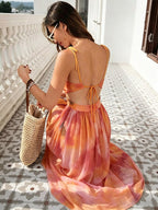 Vacation Dresses Maxi Cross Front Sleeveless Floral Print Straps Neck Chic Orange Dress
