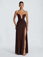 Party Dress Maxi Coffee Brown Halter Zipper Sleeveless Backless Elegant Semi Formal Dress