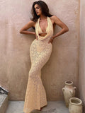 Party Dress Maxi Apricot V-Neck Lace Sleeveless Clothes Elegant Semi Formal Dress