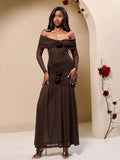 Party Dress Maxi Red Off-The-Shoulder Pleated Long Sleeves Clothes Elegant Semi Formal Dress