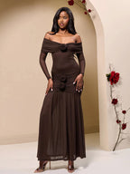 Party Dress Maxi Red Off-The-Shoulder Pleated Long Sleeves Clothes Elegant Semi Formal Dress