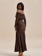 Party Dress Maxi Red Off-The-Shoulder Pleated Long Sleeves Clothes Elegant Semi Formal Dress
