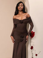 Party Dress Maxi Red Off-The-Shoulder Pleated Long Sleeves Clothes Elegant Semi Formal Dress