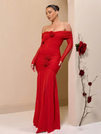 Party Dress Maxi Red Off-The-Shoulder Pleated Long Sleeves Clothes Elegant Semi Formal Dress