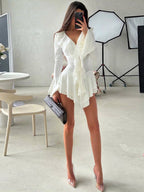 Date Night Dresses Mini Strappy Ruffles Long Sleeves V-Neck Flared Sleeves Chic Black Dress