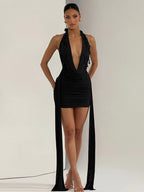 Party Dress Mini Black V-Neck Lace Up Sleeveless Backless Sexy Semi Formal Dress