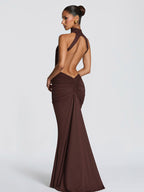 Party Dress Maxi Coffee Brown Halter Pleated Sleeveless Backless Chic Semi Formal Dress