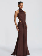 Party Dress Maxi Coffee Brown Halter Pleated Sleeveless Backless Chic Semi Formal Dress