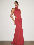 Party Dress Maxi Coffee Brown Halter Pleated Sleeveless Backless Chic Semi Formal Dress