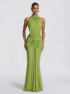 Party Dress Maxi Coffee Brown Halter Pleated Sleeveless Backless Chic Semi Formal Dress