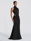 Party Dress Maxi Coffee Brown Halter Pleated Sleeveless Backless Chic Semi Formal Dress