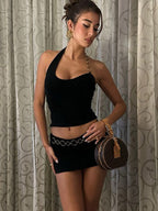 Two Piece Sets Black Resort Wear Chains Sexy Halter Asymmetrical Sleeveless Skirt Set