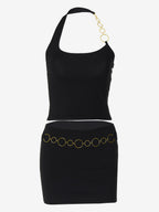 Two Piece Sets Black Resort Wear Chains Sexy Halter Asymmetrical Sleeveless Skirt Set
