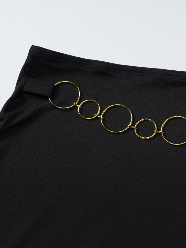 Two Piece Sets Black Resort Wear Chains Sexy Halter Asymmetrical Sleeveless Skirt Set
