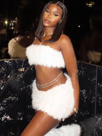 Two Piece Sets White Chic Resort Wear Polyester Strapless Sleeveless Skirt Set