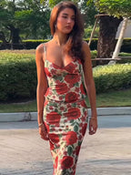 Two Piece Sets Red Sexy Floral Print Resort Wear Polyester Straps Neck Flower Sleeveless Skirt Set
