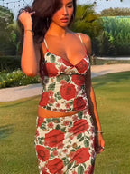 Two Piece Sets Red Sexy Floral Print Resort Wear Polyester Straps Neck Flower Sleeveless Skirt Set