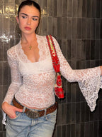 Blouse For Women White V-Neck Pleated Sexy Lace Long Sleeves Tops